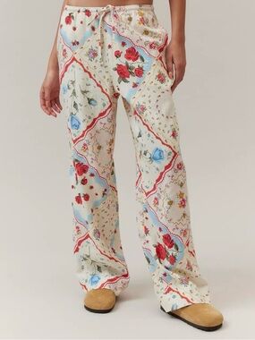 Urban Outfitters’ BDG Linen Wide-Leg Pants in Cream with Floral Scarves Print